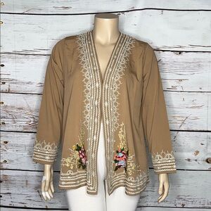 Novica Size XL Tan - Floral Embroidered Open Front Boho Cardigan Jacket